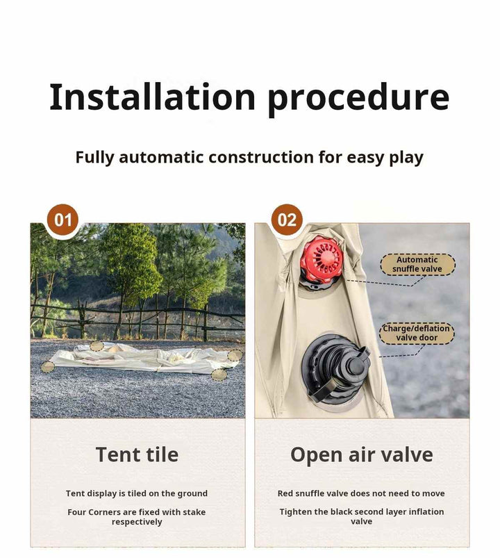 Inflatable tent camping setup showing tent laid on ground with stakes and close-up of automatic air valve for easy inflation and deflation