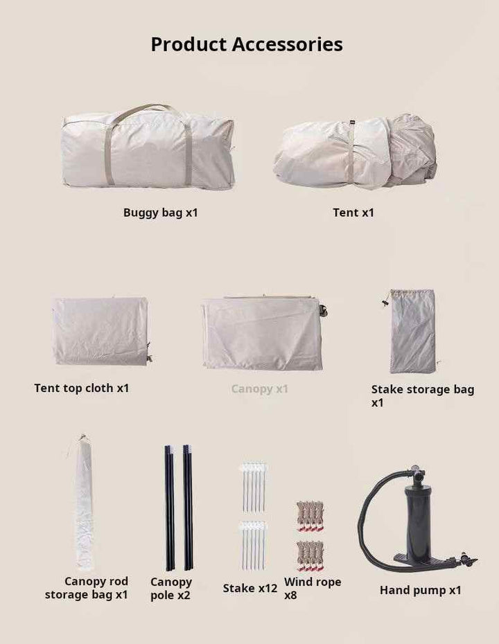 Inflatable tent camping kit accessories including tent, bags, canopy rods, stakes, wind ropes, and hand pump.