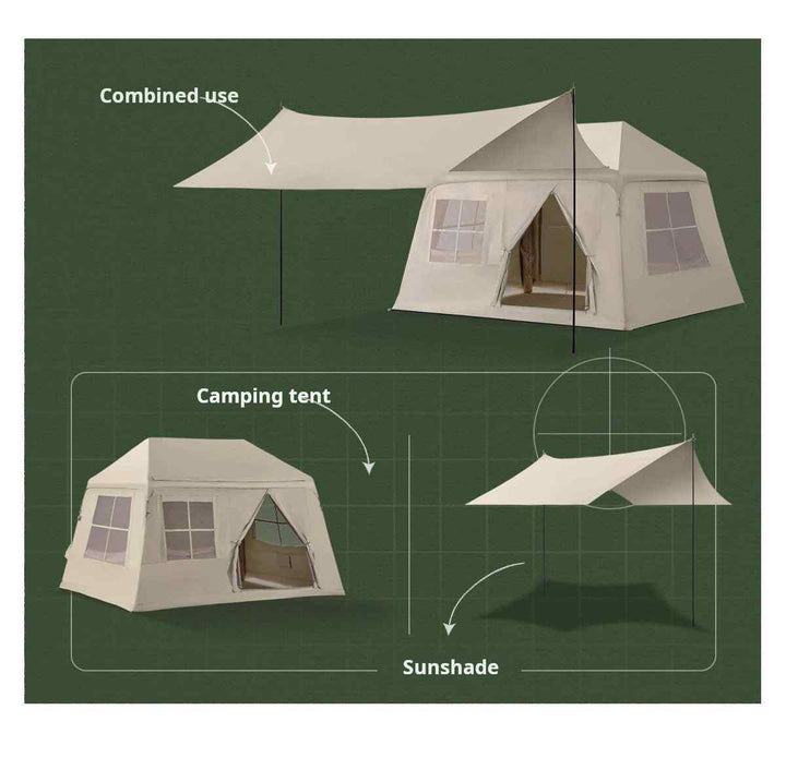 Inflatable tent camping setup showing foldable camping tent with sunshade and combined use canopy in beige color