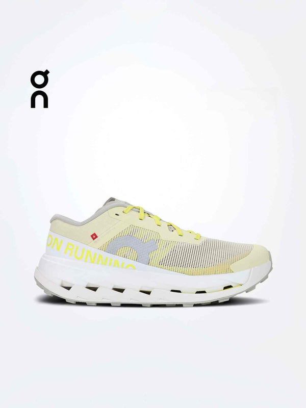 OnRunning Cloudultra 3 men's long-distance trail running shoe in light yellow and gray with white sole.