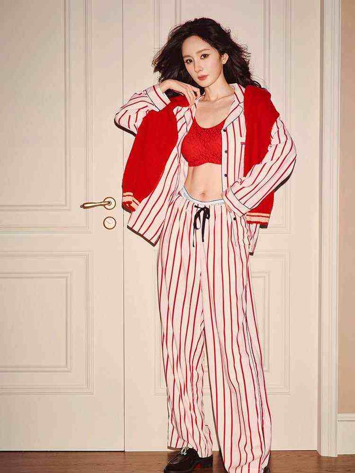 woman wearing Victoria's Secret star staycation red and white striped Tencel soft print long sleeve loungewear pajamas