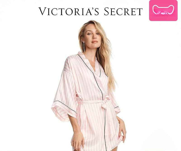 Victoria's Secret women's classic striped satin embroidered logo lace-up bathrobe in pink and white