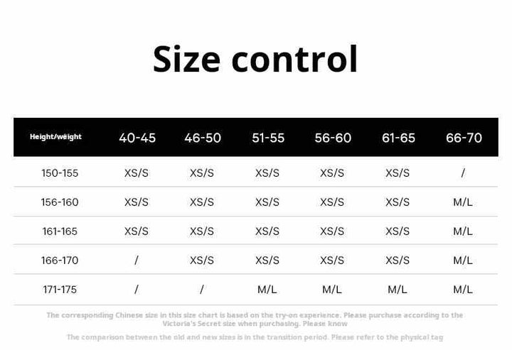 Size control chart for Victoria's Secret women's classic striped satin embroidered logo lace-up bathrobe showing height, weight, and corresponding sizes XS/S and M/L.