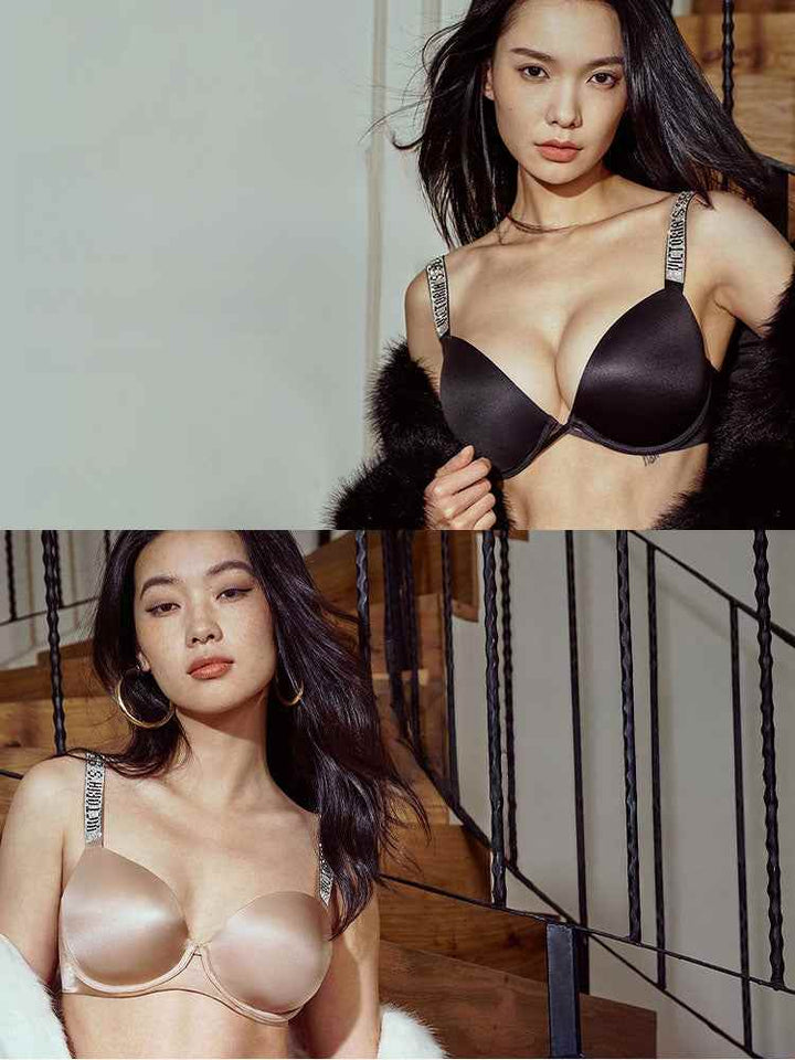 Victoria's Secret shiny rhinestone logo strap bra in black and beige with a sexy, gathering design for summer women underwear