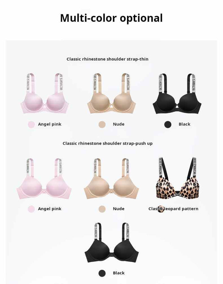 Victoria's Secret rhinestone shoulder strap bras in angel pink, nude, black, and leopard pattern with shiny logo letters and sexy gathering design.