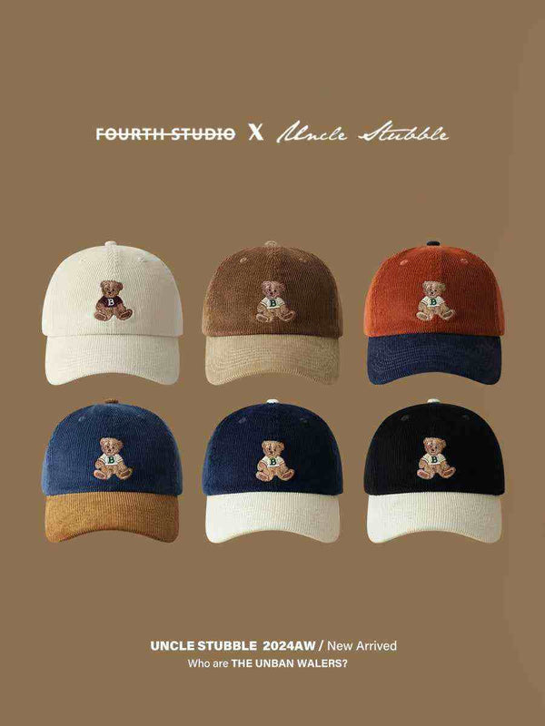 قبعة كاب بيسبول خرقة كورديوروي ملونة بتصميم دبدوب لطيف للآباء والأبناء للخريف والشتاء parent-child cute bear للرجال والنساء