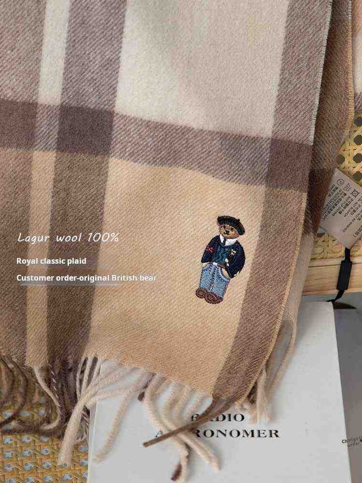 وشاح صوفي بريطاني كلاسيكي بنقشة مربعات مع شعار دب UK order bear ويناسب الشتاء للرجال والنساء