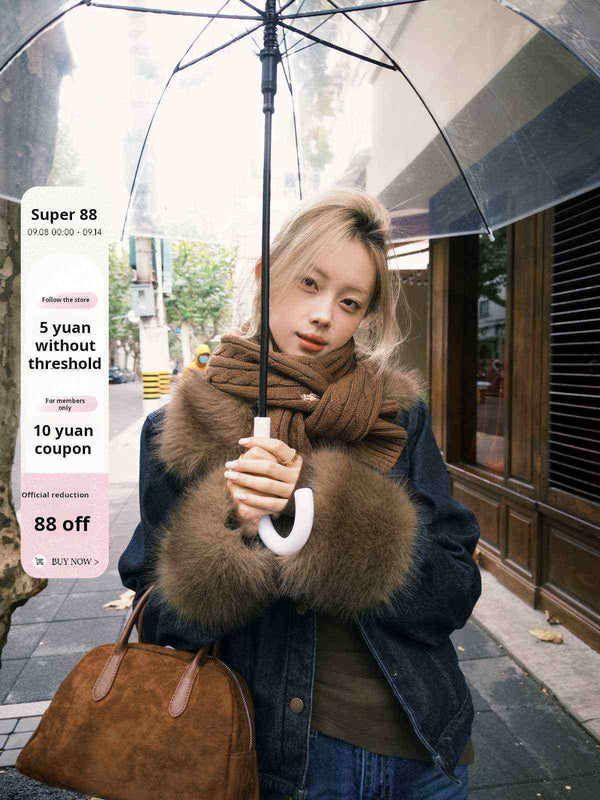 جاكيت جينز نسائي بقصة قصيرة وياقة فرو بنمط بارن وينتر لموسم Barn Winter fur collar الخريف والشتاء 2025