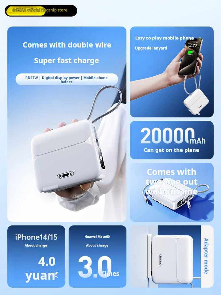 باور بانك REMAX بسعة 20000mAh مع شحن سريع PD27W وسلكين مدمجين لتوفير طاقة مثالية للأجهزة المحمولة.