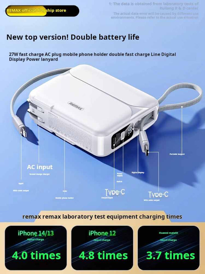 باور بانك REMAX أبيض بسعة 20000mAh مع شحن سريع PD27W وشاشه ديجيتال وحامل هاتف وكابل مدمج Type-C وLightning