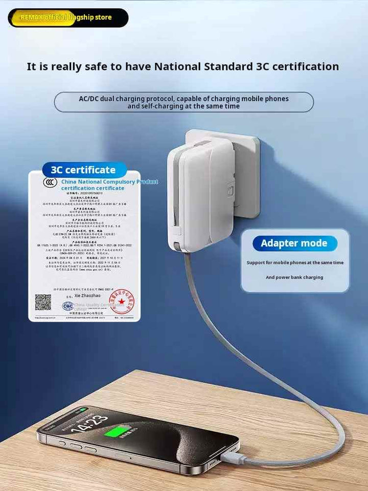 باور بانك REMAX بسعة 20000mAh مع شحن سريع PD27W وتصميم بشاحن جداري وكابل مدمج.
