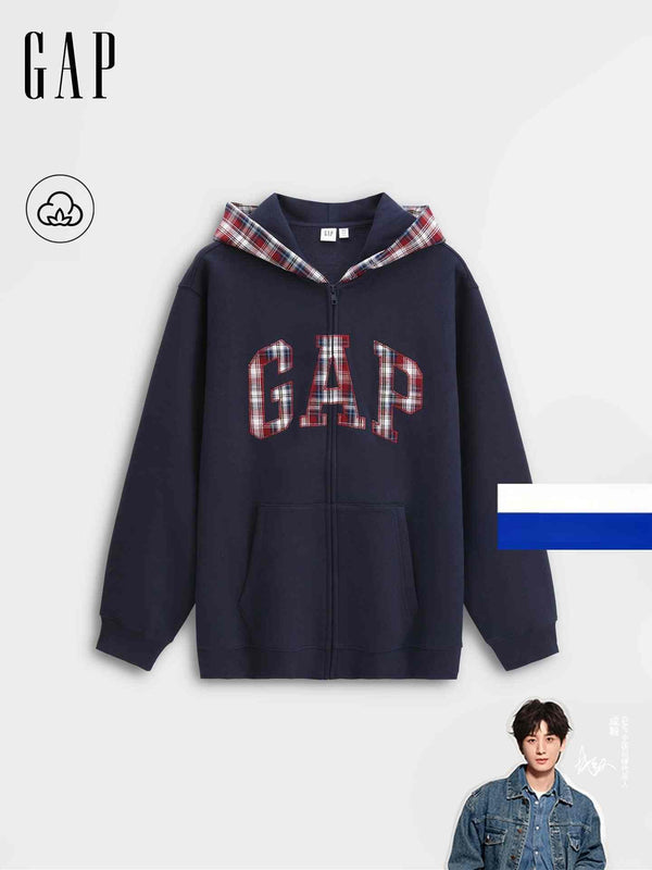 GapGap هودي أصلي بكاروهات للجنسين بتصميم كلاسيكي ونسيج ناعم مع سحاب وجيوب عملية