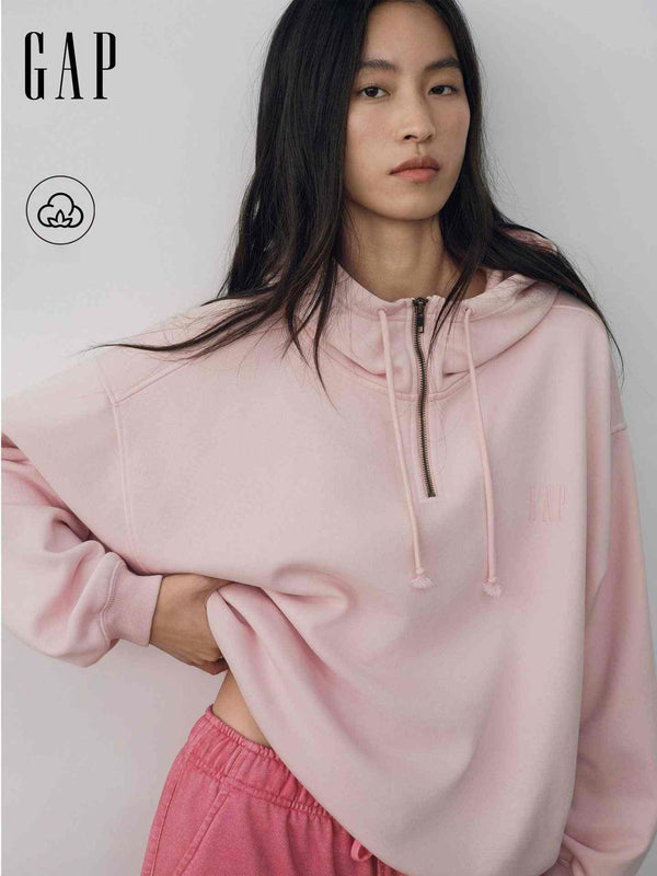 Gap هودي نص سحاب بياقة عالية نسائي كاجوال وردي بخامة فليس ناعمة وقصة واسعة