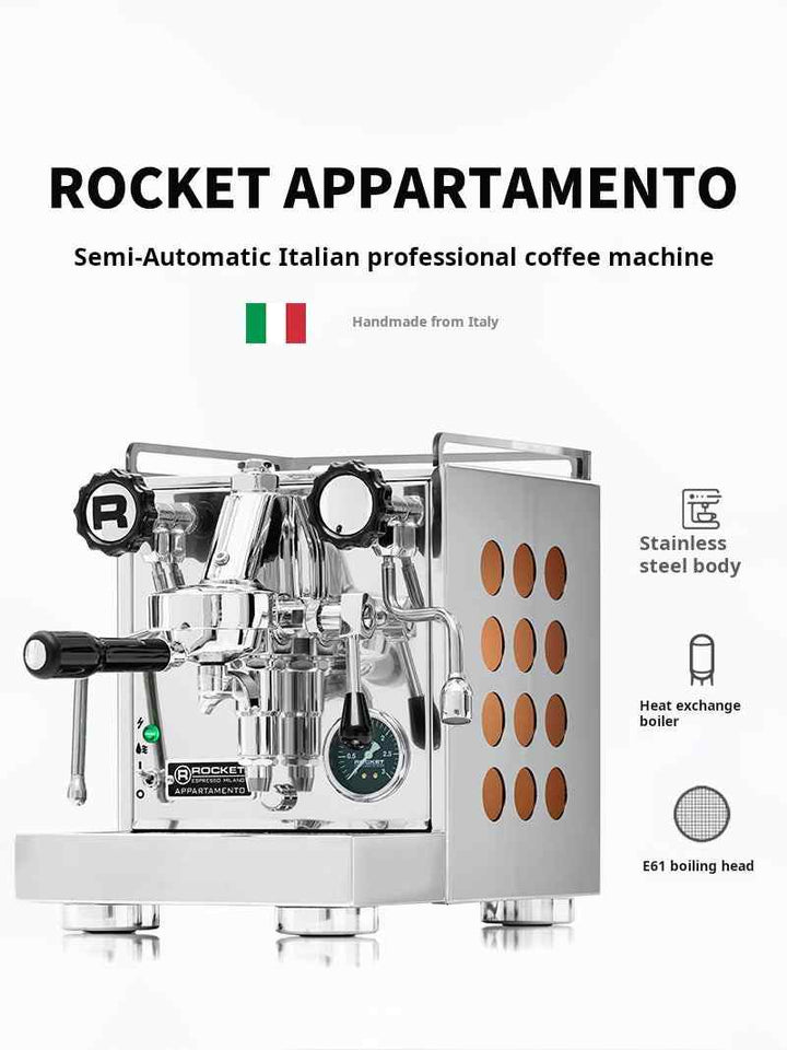 Rocket Appartamento semi-automatic Italian espresso machine with stainless steel body and heat exchange boiler.