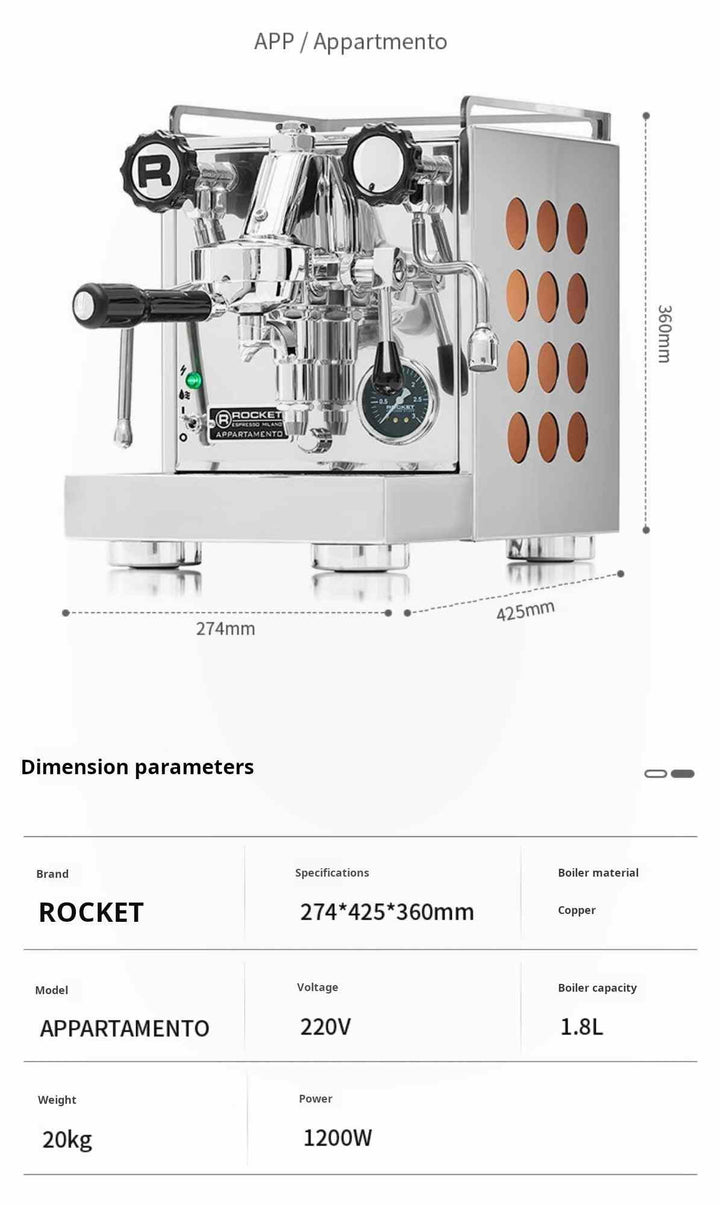 Rocket Appartamento Italian espresso machine with copper boiler and compact stainless steel design