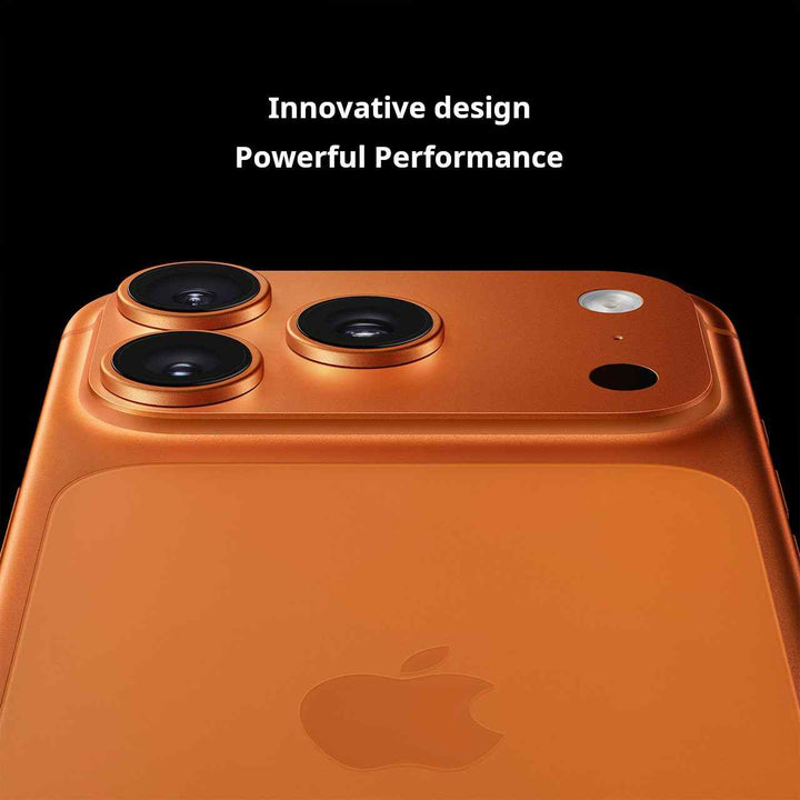 Apple iPhone 17 Pro Max orange back with triple camera and innovative design text