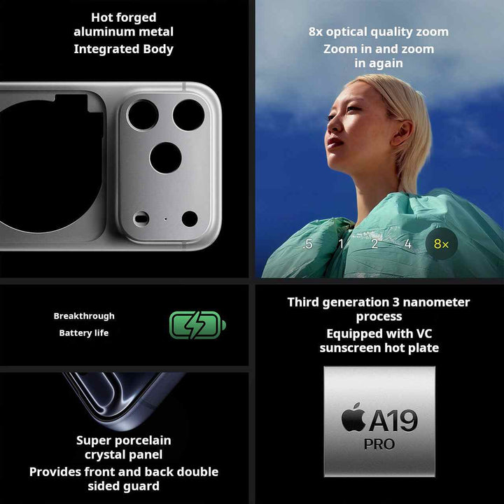 Apple iPhone 17 Pro Max with hot forged aluminum body, 8x optical zoom, A19 Pro chip, super porcelain dual-sided protection, and enhanced battery life