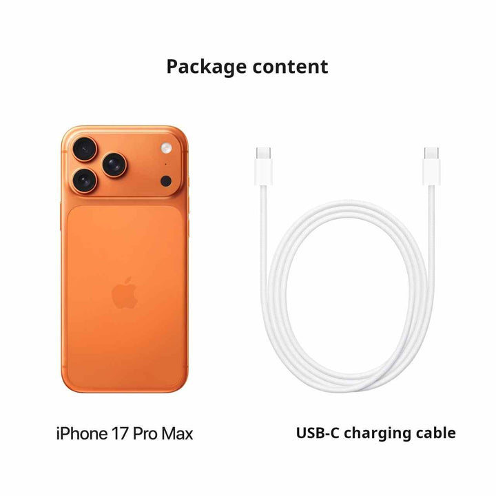 Apple iPhone 17 Pro Max in orange with triple cameras and USB-C charging cable included, premium design and advanced features.