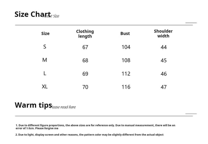 جدول مقاسات سترة محبوكة نسائي من Ruoshi بأحجام S إلى XL وطول 67-70 سم وعرض صدر 104-116 سم وعرض كتف 44-47 سم