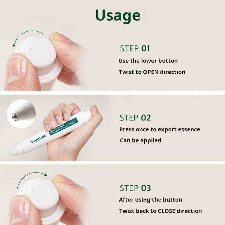 Instructions for using vivelab Scalp Care Serum pen with twist open cap and pressing button to apply essence