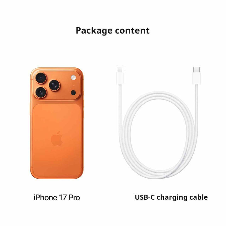 Apple iPhone 17 Pro in Cosmic Orange with USB-C charging cable, dual SIM, A19 Pro chip, multiple storage options, original sealed from Apple China store