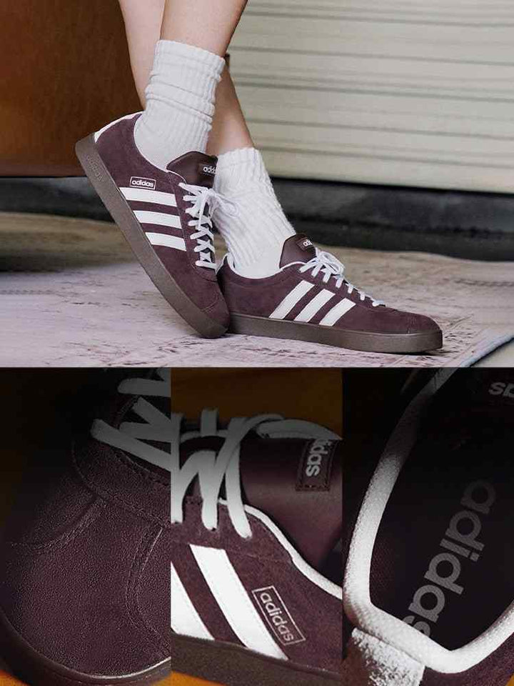 Adidas أديداس حذاء VL COURT 2.0 كلاسيكي بني بثلاث خطوط بيضاء وحذاء سويدي منخفض للمشي اليومي