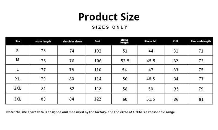 Mr. Lusan Italian gentleman pure cotton corduroy jacket size chart with measurements in cm