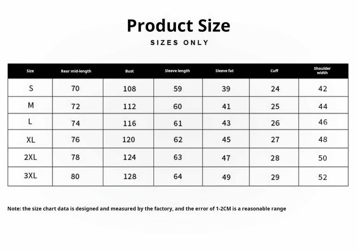 Mr. Lusan hunting jacket size chart with detailed measurements for all sizes from S to 3XL