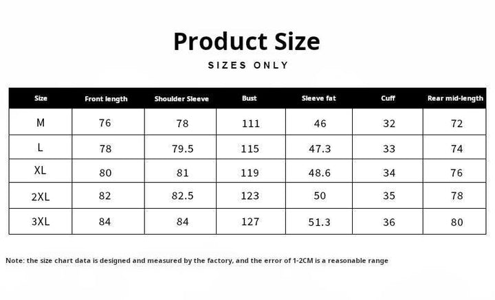 Mr. Lusan 92% wool heavy jacket size chart with measurements for M to 3XL in centimeters