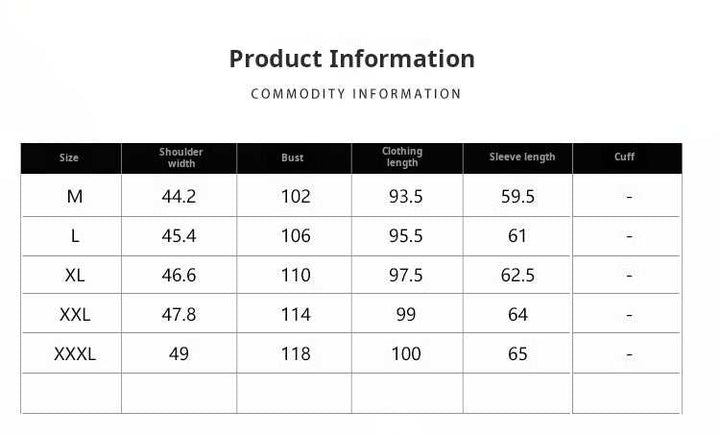 Mr. Lusan coat size chart for shoulder, bust, length, sleeve measurements in black elegant wool coat.
