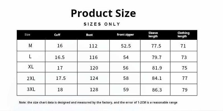 Size chart for Mr. Lusan Casual Gentleman جاكيت showing cuff, bust, front zipper, sleeve length, and clothing length measurements for sizes M to 3XL
