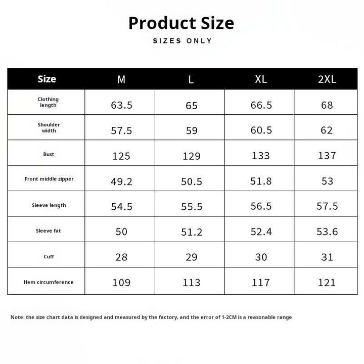Mr. Lusan English jacket size chart with measurements for M to 2XL sizes