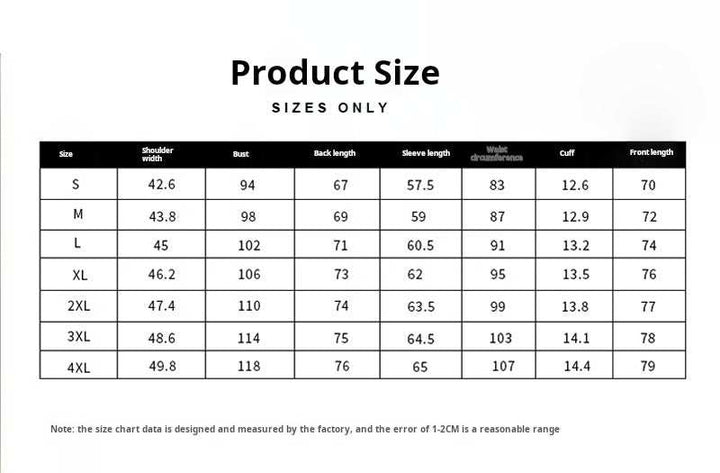 Mr. Lusan Jacket size chart with measurements for S to 4XL including shoulder, bust, back length, sleeve length, waist, cuff, and front length.