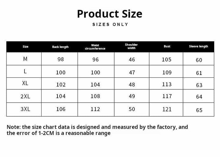 Mr. Lusan autumn كوت coat size chart with measurements for back length, waist, shoulder width, bust, and sleeve length in multiple sizes.