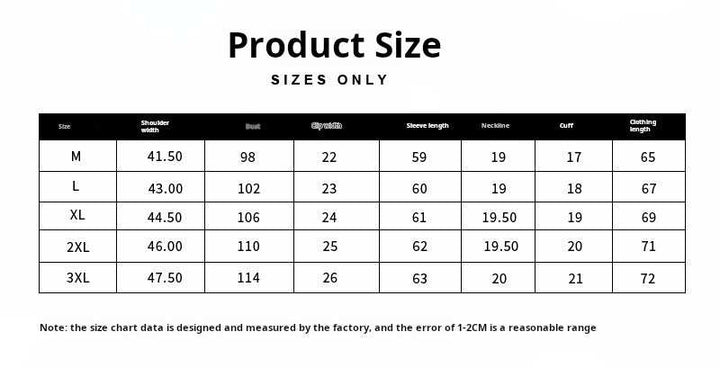 Mr. Lusan British sweater size chart with shoulder, bust, sleeve length, neckline, cuff, and clothing length measurements.