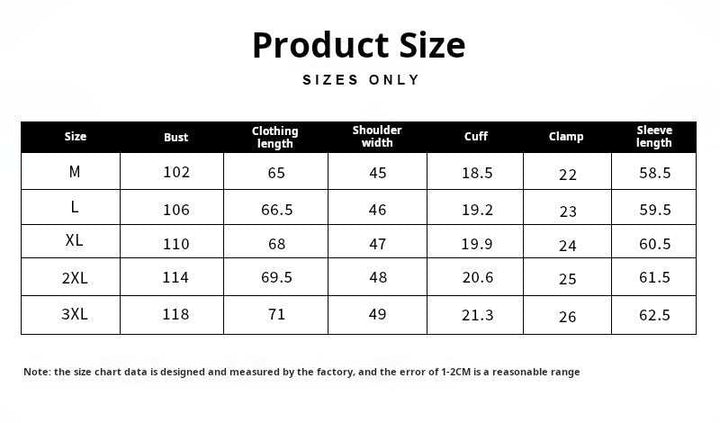 Size chart for Mr. Lu San pullover sweater with measurements for bust, length, shoulder, cuff, clamp, and sleeve length in sizes M to 3XL
