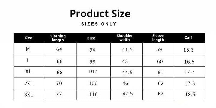 Mr. Lusan Italian slim stand collar sweater size chart with bust, shoulder, sleeve, and cuff measurements