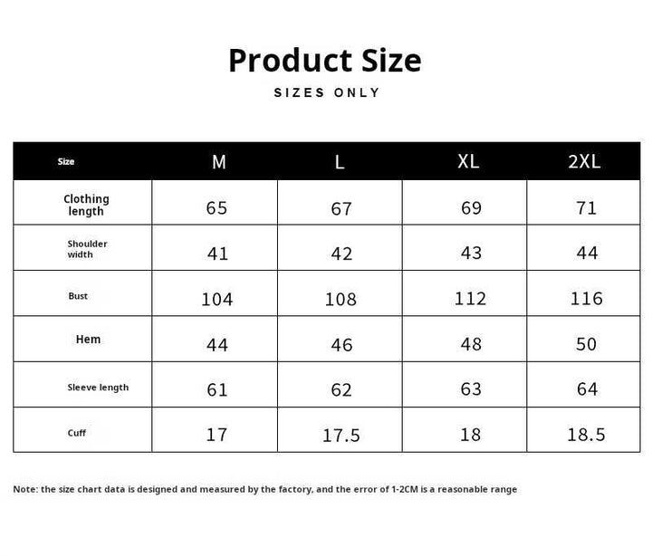 Mr. Lusan cardigan size chart showing measurements for M, L, XL, 2XL including length, shoulder, bust, hem, sleeve, and cuff sizes