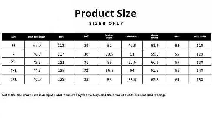 Mr. Lu San's جاكيت warm slim light size chart with detailed measurements for a slim, warm, and lightweight jacket