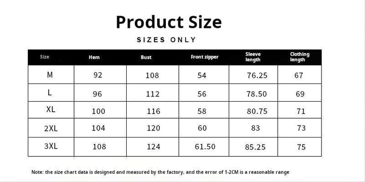 Mr. Lusan Jacket size chart with measurements for hem, bust, zipper, sleeve, and clothing length in multiple sizes