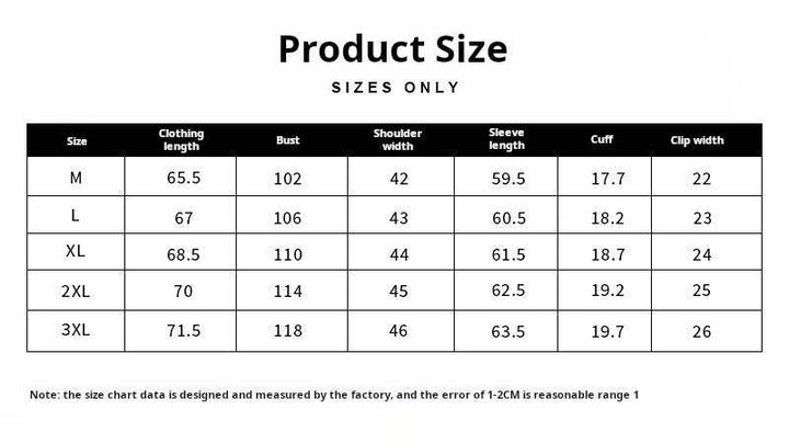 Size chart for Mr. Lu San's jacket slim British light cardigan with measurements for bust, shoulder, sleeve, cuff, and clip width in sizes M to 3XL