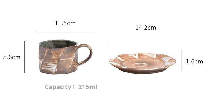 JOJO'S L.PD. East. handmade ceramic coffee cup with saucer, retro Japanese design, 215ml capacity, brown and white earthy tones with glossy gray interior.