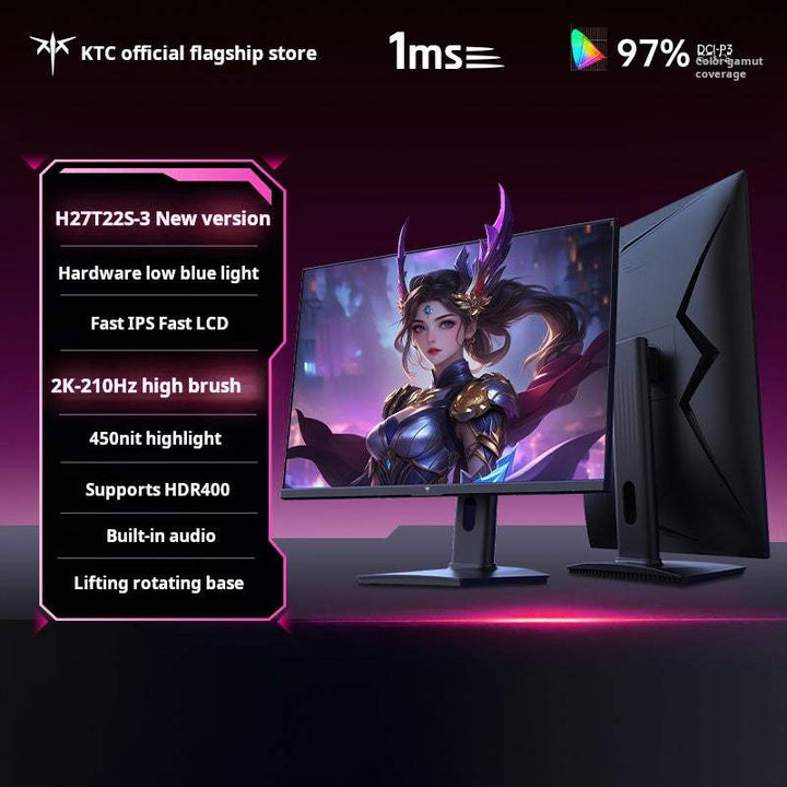 شاشة KTC مقاس 27 إنش بدقة 2K ومعدل تحديث 210Hz مع حماية العين وضوح سريع IPS وتصميم أسود بإطار نحيف وقاعدة دوارة قابلة للرفع
