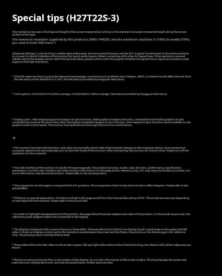 شاشة KTC 27 بوصة ألعاب بدقة 2K مع معدل تحديث 210 هرتز وإطار نحيف وحماية منخفضة الضوء الأزرق وقاعدة دوارة قابلة للرفع
