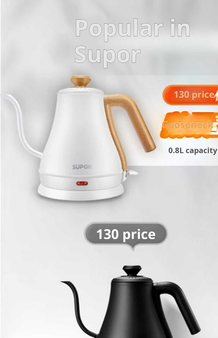 غلاية Supor فولاذية بسعة 0.8 لتر مع صنبور عنق الإوزة وتصميم أنيق للتحكم في سكب المياه للقهوة المقطرة