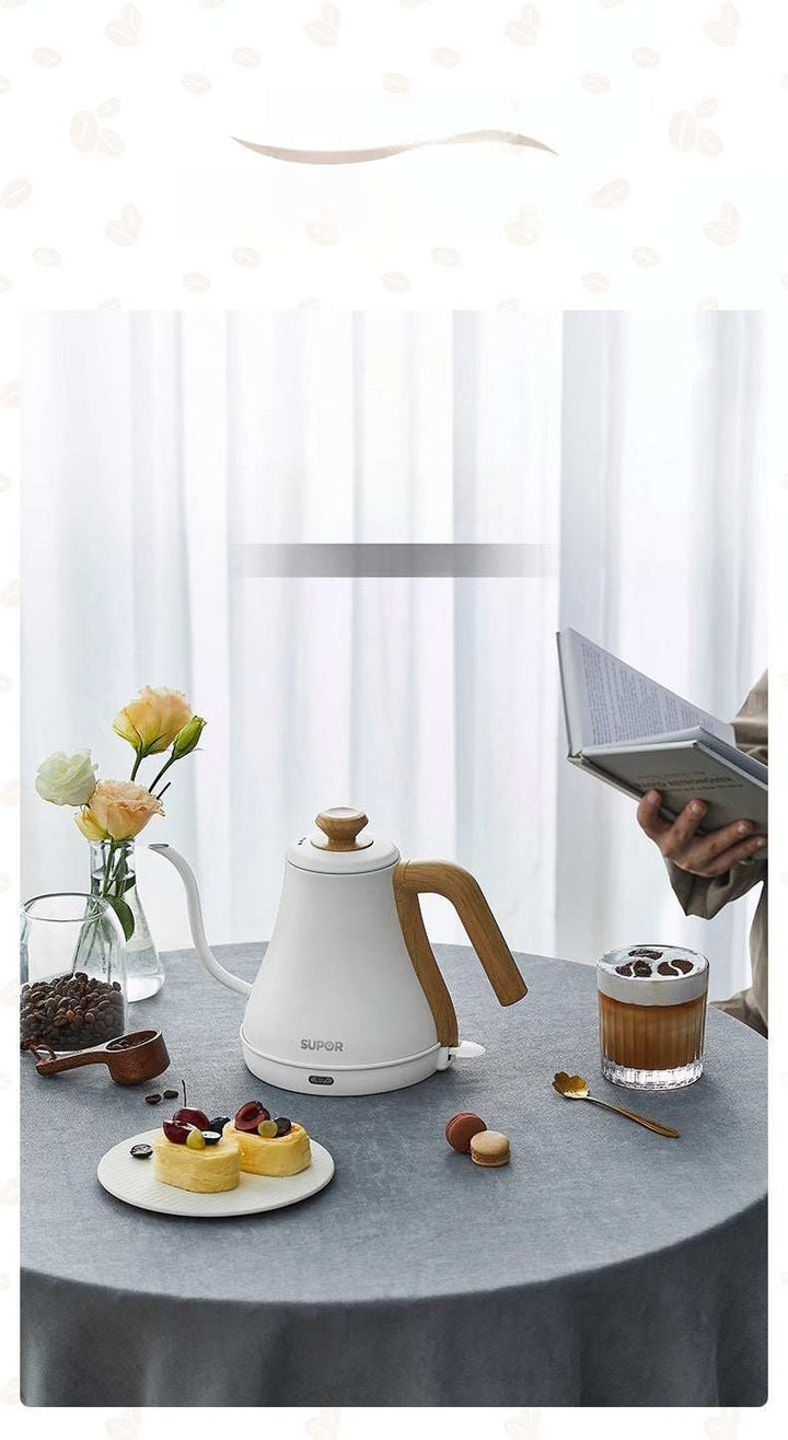 غلاية Supor Kettle ستانلس ستيل بتصميم أنيق ومقبض خشبي للتحكم الدقيق في صب القهوة المقطرة سعة 0.8 لتر مع حماية Strix ضد الجفاف سهلة الاستخدام والتنظيف