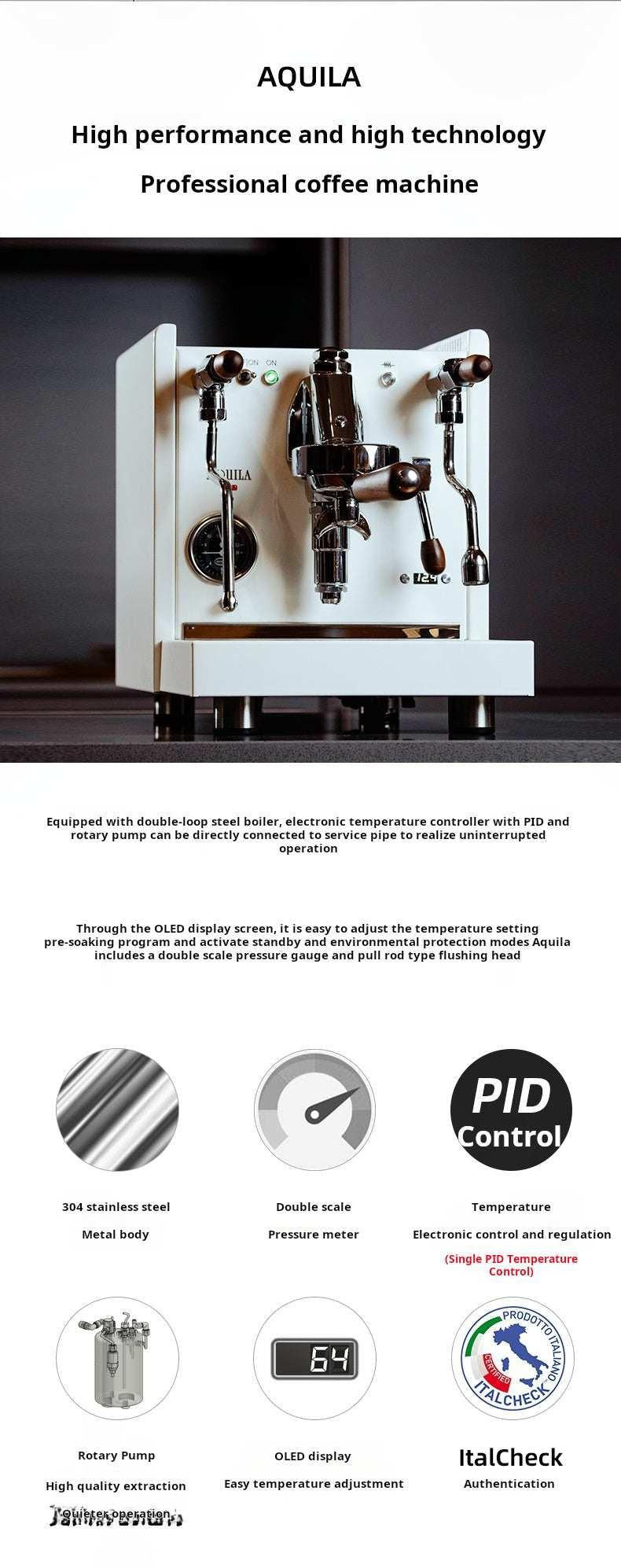 آلة Espresso احترافية Aquila 0986P بنظام PID ومقابض خشبية.