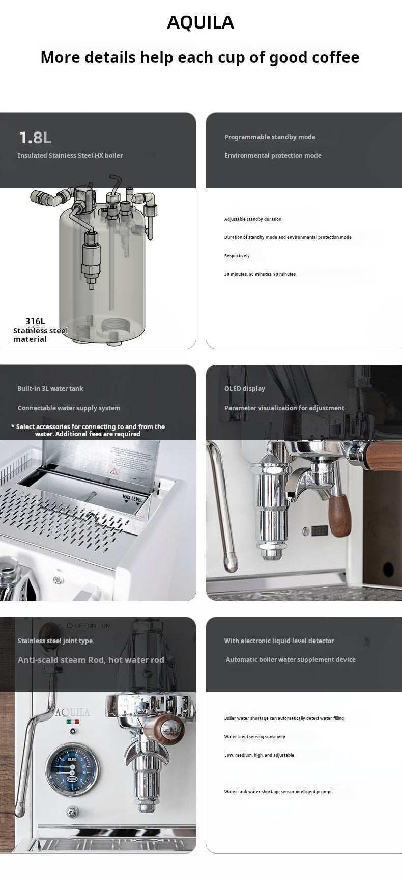 آلة Espresso احترافية Aquila 0986P بنظام PID ومقابض خشبية.