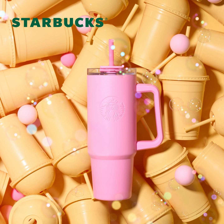كوب ستاربكس فرابتشينو وردي بتصميم عصري وألوان باستيل مع شعار محفور ومقبض مريح