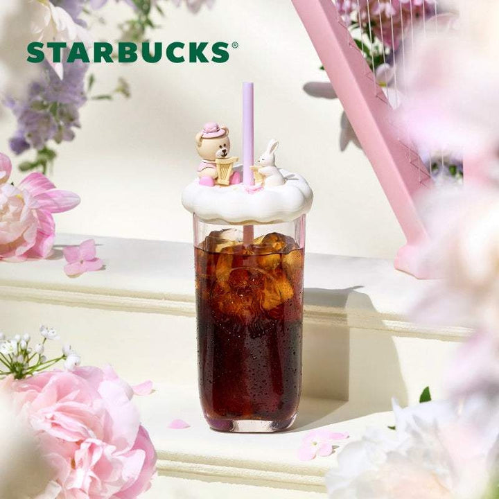 كوب ستاربكس بنقوش زهرية بنفسجية مع غطاء مزخرف ومصاصة قابلة للنزع للقهوة المثلجة